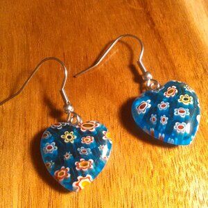 Blue Color Murano Glass Stainless Steel Heart Shaped Dangle Earrings